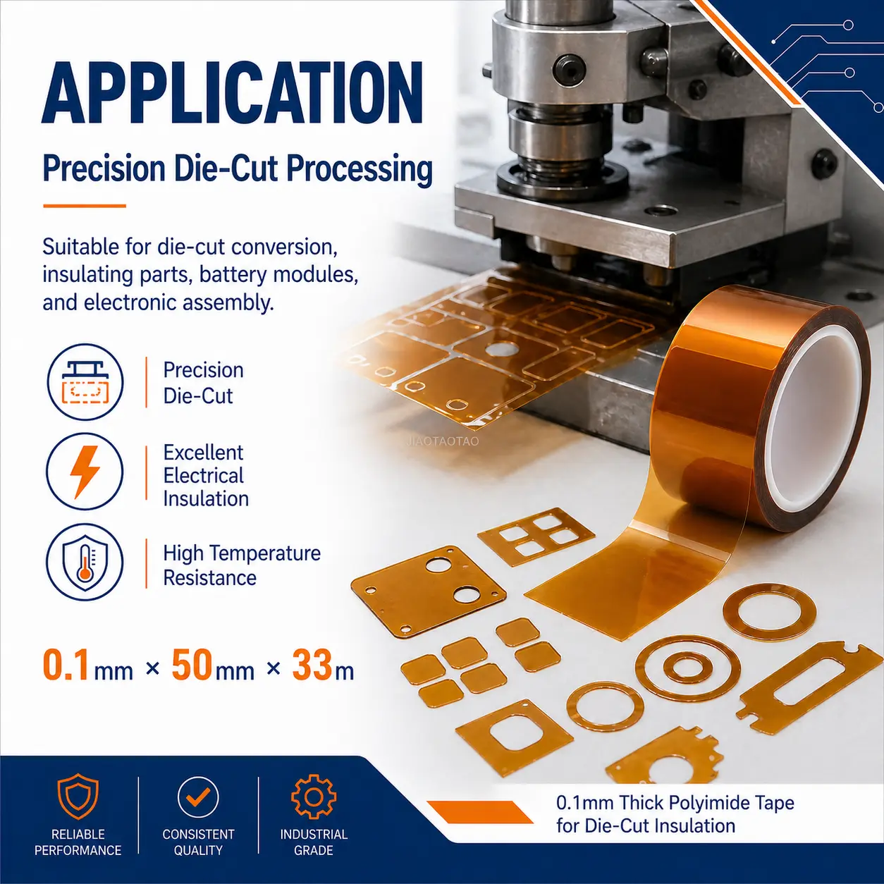 50mm polyimide tape for die-cut insulation, electrical protection, and industrial high temperature use.